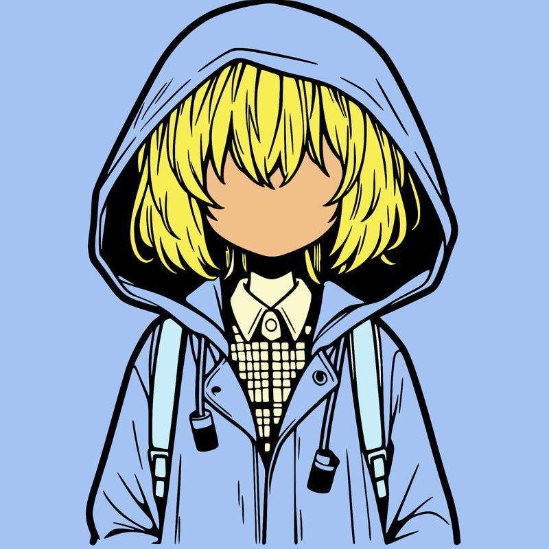 little anime girl in a raincoat her hair is covering her eyes she has a lighter