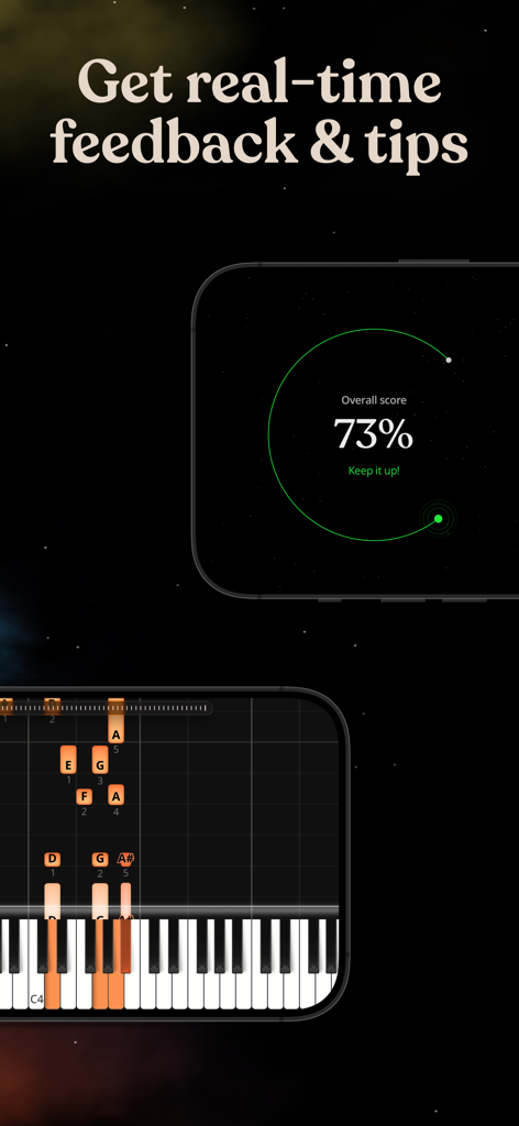 Artie app interface showing real time piano feedback and practice score