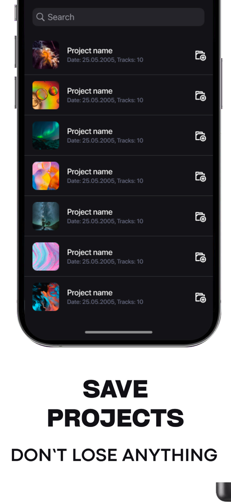 Microphone Live-Voice Recorder - Interface of the Microphone Live app showing a list of saved audio projects with names and dates