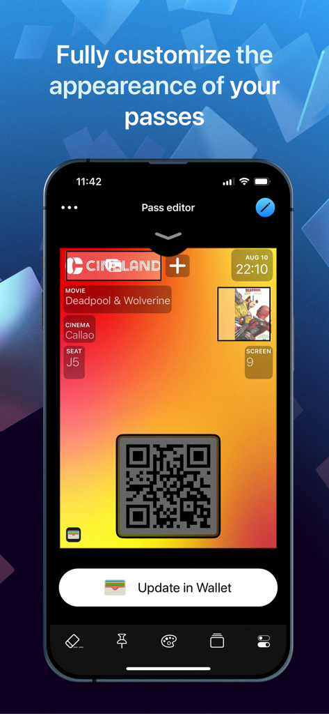 Walletsmith pass editor interface for customizing digital movie tickets