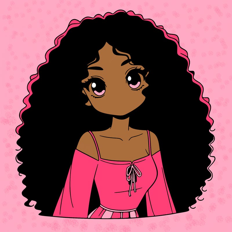 a black anime girl with long afro hair