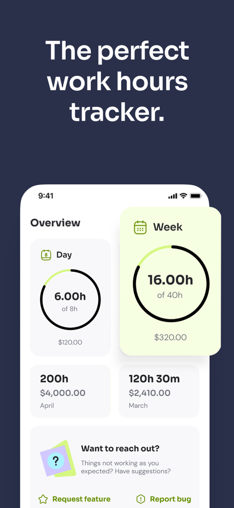 Time Squared app overview screen showing daily and weekly work hour summaries and earnings tracking.