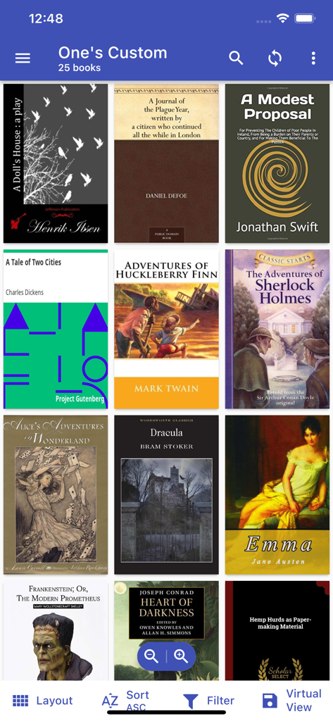 Calibre Sync - A mobile interface of Calibre Sync displaying a collection of classic ebook covers in a grid layout with sorting and filtering options.