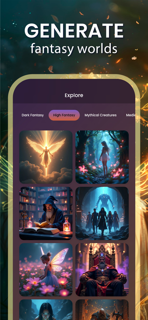 Fantasy AI Art Creatorアプリのインターフェース。魔法使い、妖精、神話のキャラクターが生成された画像を表示