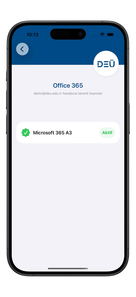 DEU Mobil - DEU Mobil app screen showing an active Microsoft 365 A3 license status