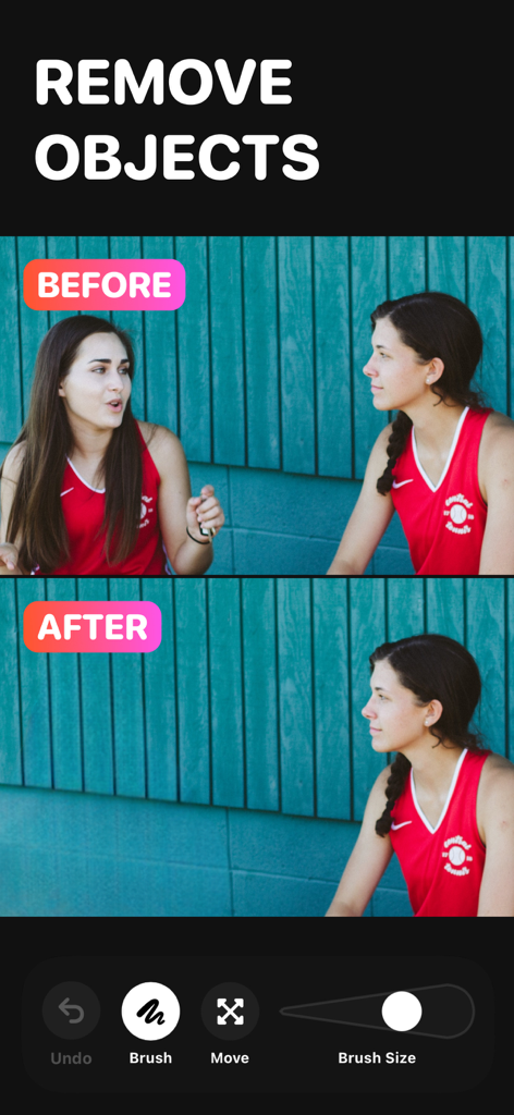 Erase Objects: Blemish Remover - A before and after comparison showing a person removed from a photo using an AI object removal tool