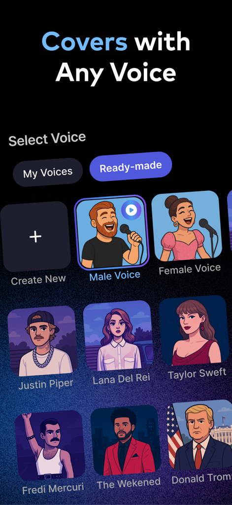 Zurna: AI Song & Music Maker - Interfaz de la aplicación móvil Zurna que muestra una selección de voces de celebridades de IA predefinidas para crear versiones de canciones