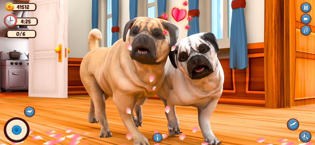 Dog Simulator: Puppy Pet Games - Dos pugs juntos en una cocina con corazones flotantes y pétalos de flores en Simulador de Perro Juegos de Mascotas Cachorros