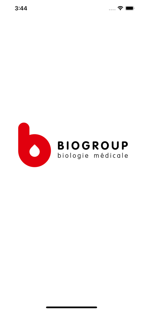 Biogroup - Biogroup medical laboratory app splash screen featuring the red logo and biology medicale text