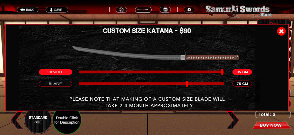 A 3D katana builder screen showing sliders to customize handle and blade lengths