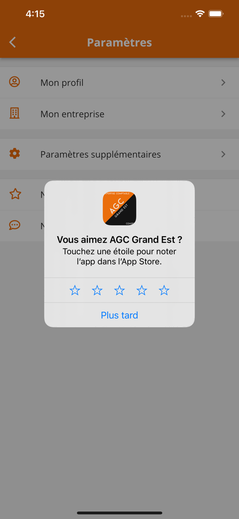 Rating request popup in the AGCGE comptabilite app settings