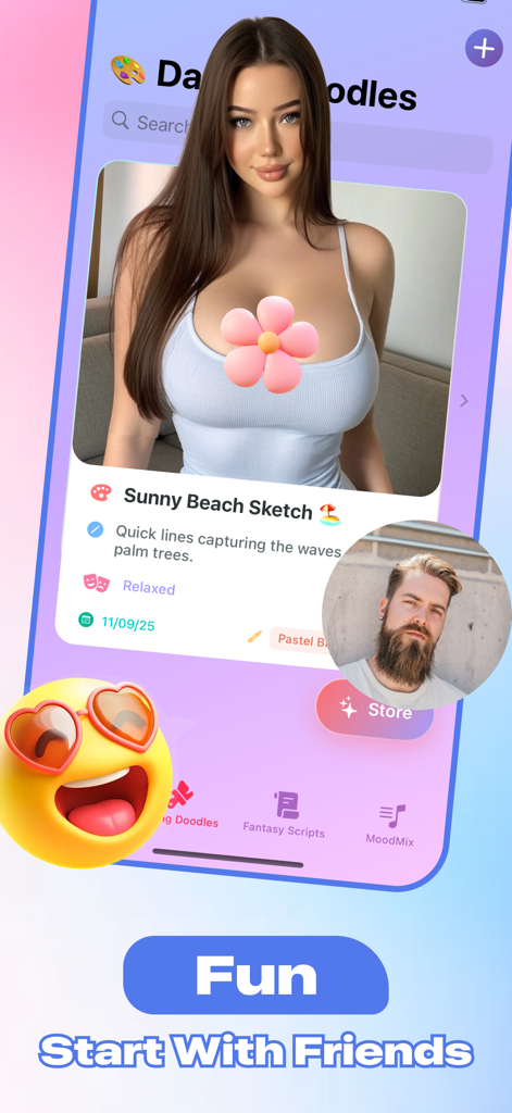 Bloom Chat - Make New Friends - Interface de l'application mobile Bloom Chat montrant une publication d'utilisateur sur un croquis de plage et des icônes de profil d'amis.