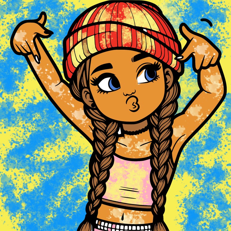 realistic teenage girl with braids and a beanie and crop top doing 🫶🏼