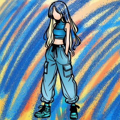 girl in baggy pants crop top and long hair