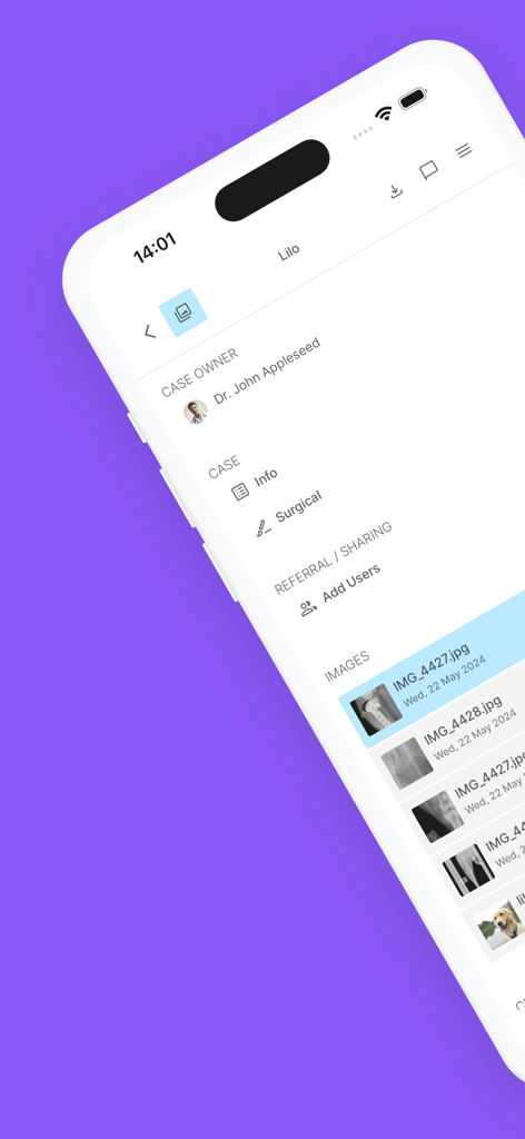 VPOP PROモバイルインターフェース。患者のX線画像と外科医の詳細が表示された獣医整形外科手術ケースが表示されています