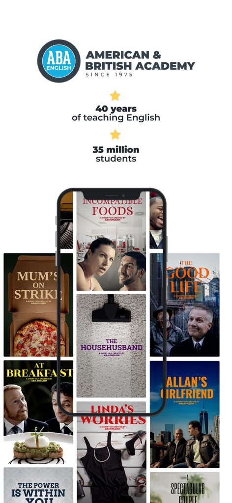 ABA English - Learn English - ABA English Academyアプリのインターフェース。英語学習用の教育用短編映画が表示されています。