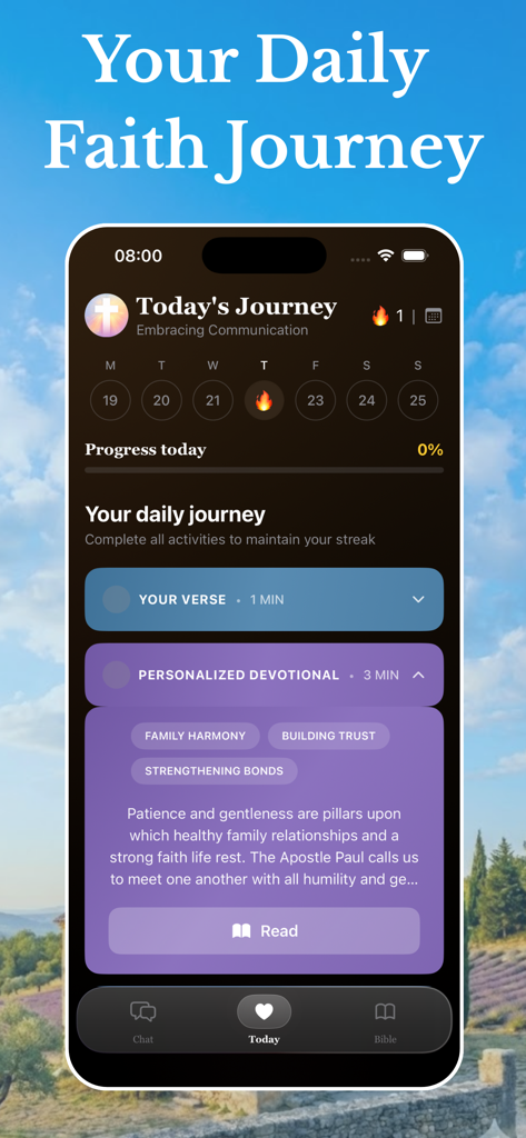 Bible Chat: Prayer & Scripture - Interface do aplicativo Bíblia Chat mostrando o rastreador de jornada de fé diária e conteúdo devocional personalizado.