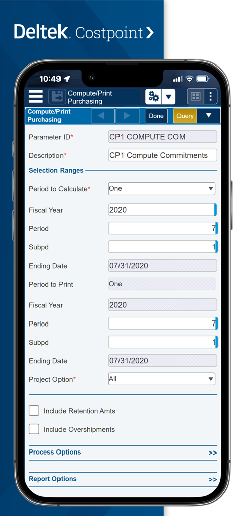 A mobile interface of Deltek Costpoint showing the purchasing parameters and selection ranges form.