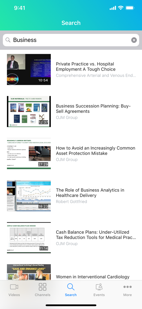 VuMedi app search interface showing educational video results for medical business and practice management topics