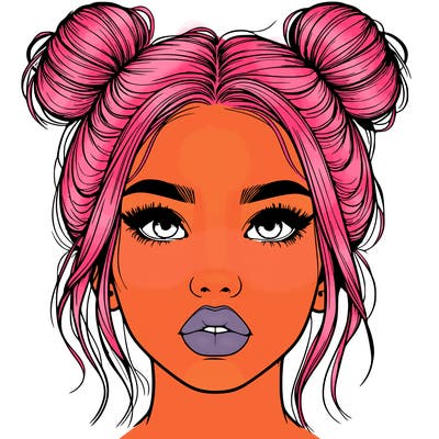 realistic girl with two buns on her hair and lips