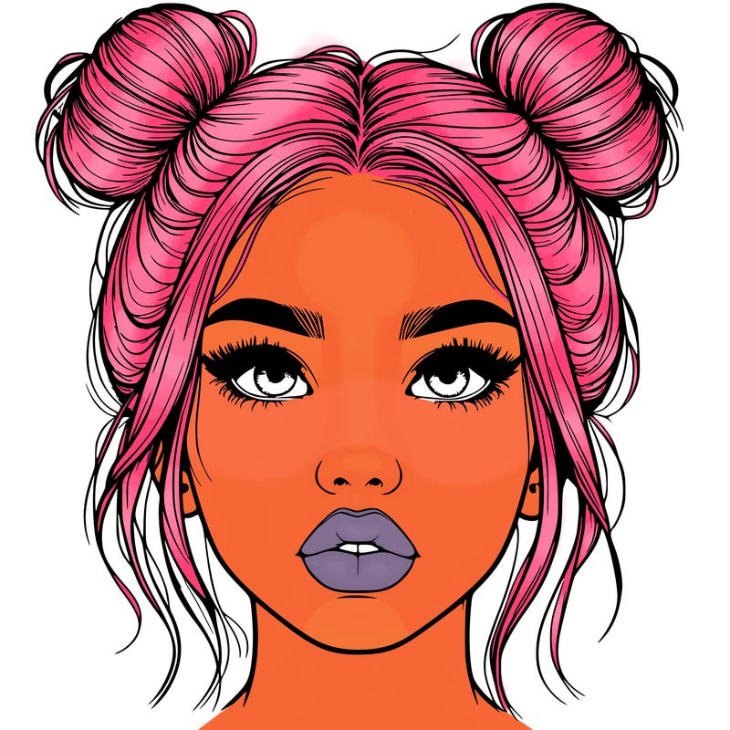 realistic girl with two buns on her hair and lips