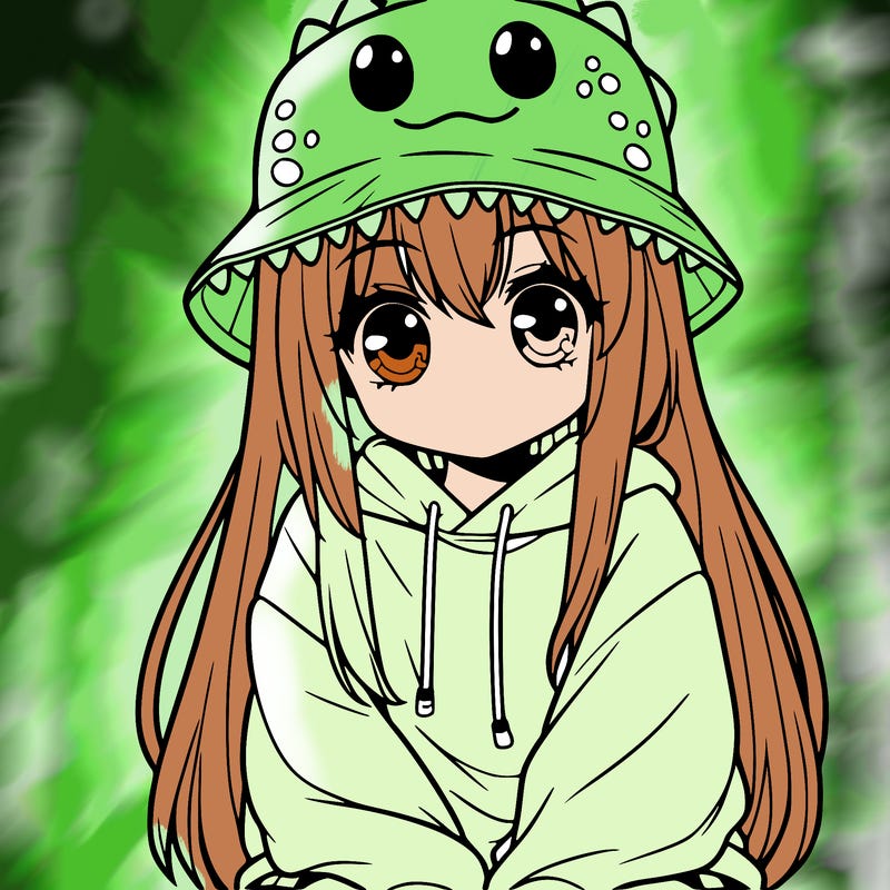 girl with anime shaped eyes with a dinosaur bucket hat oversized sweatshirt long straight hair