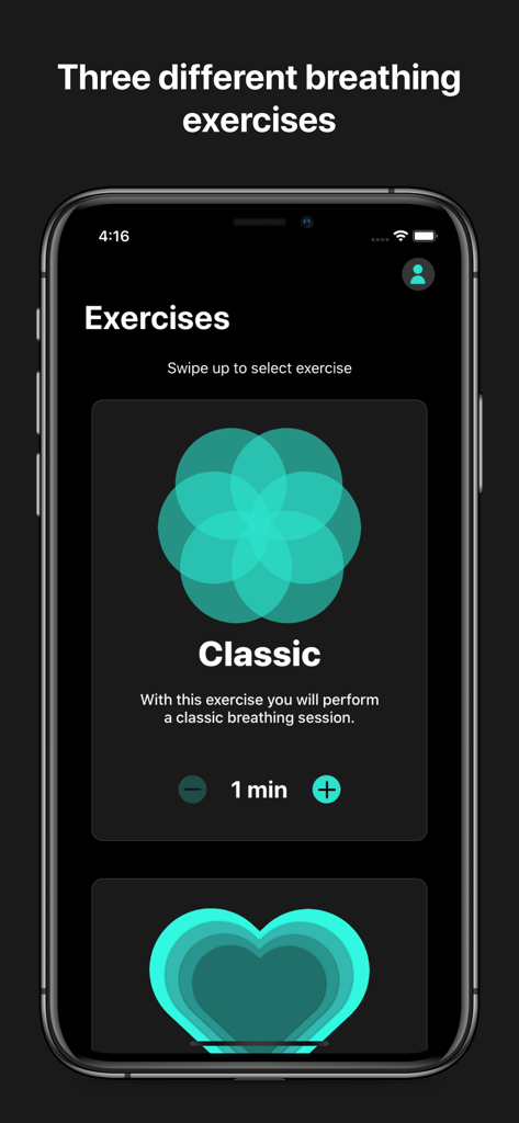 iPhone screen displaying the Becalm breathing app exercises menu with a classic breathing session selected