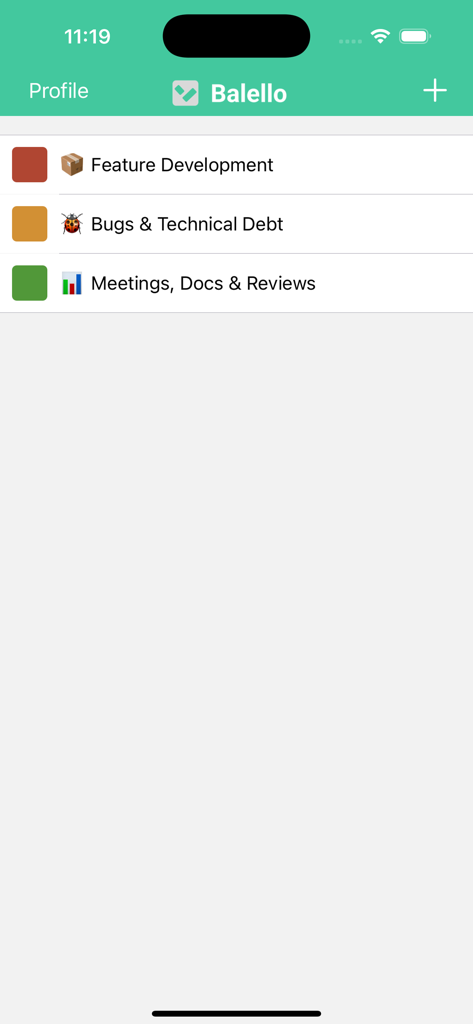 Balello - Task list in Balello app showing categories for feature development bug tracking and meetings