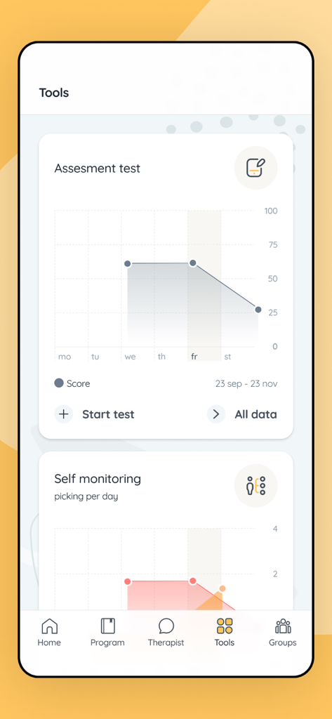 Skinpick app tools screen displaying assessment results and daily picking habits tracking graphs.