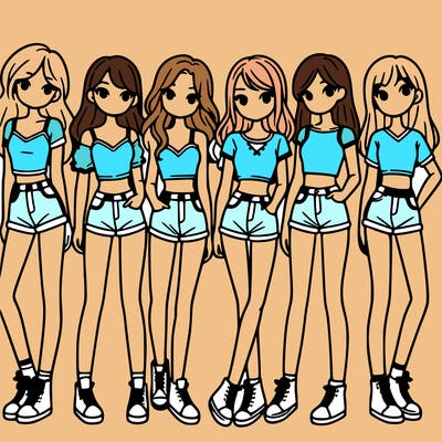 a group of girls wearing crop tops and shorts