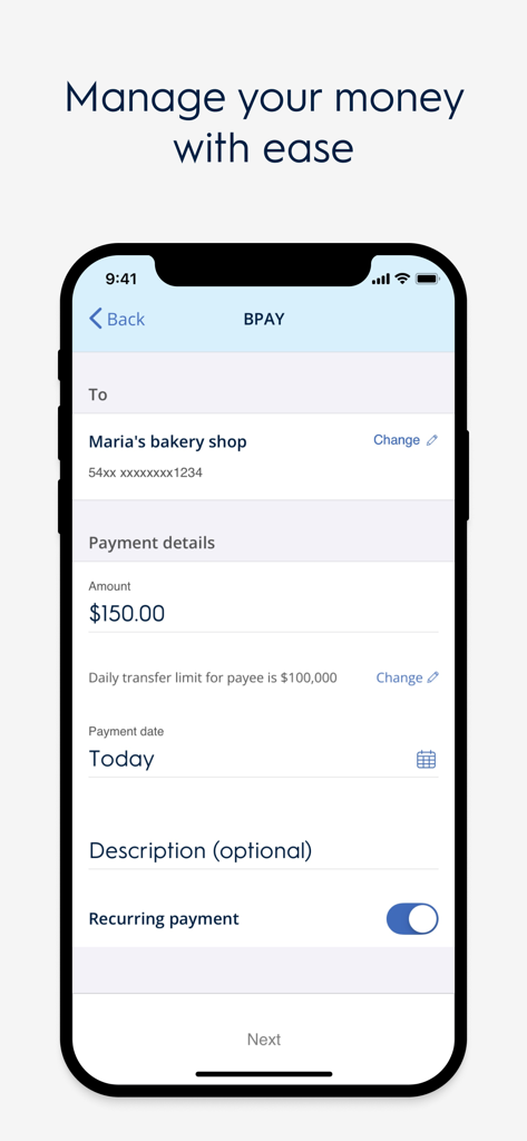A mobile screen showing the BPAY payment interface in the My AMP app for managing money and bills.