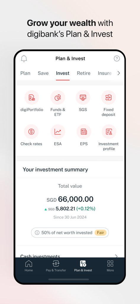 DBS digibank - DBS digibank mobile interface displaying the Plan and Invest screen with a summary of investment value and financial options
