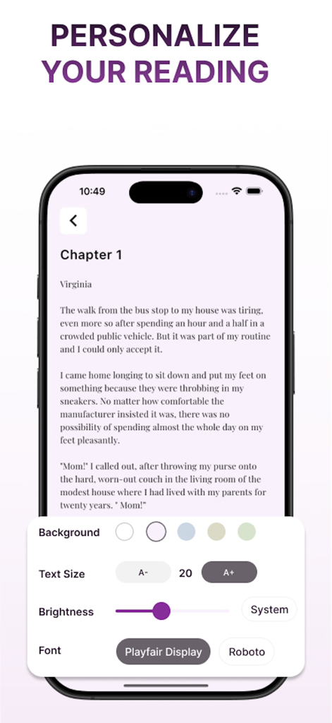 NovelFic-Novels&Fictions Story - Interfaz de la aplicación móvil NovelFic que muestra opciones de personalización del lector para tipo de fuente, color de fondo y tamaño de texto