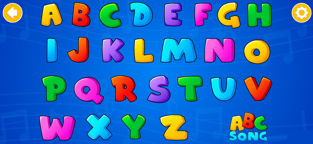 Main menu screen of the app showing colorful A to Z alphabet letters for children to select.