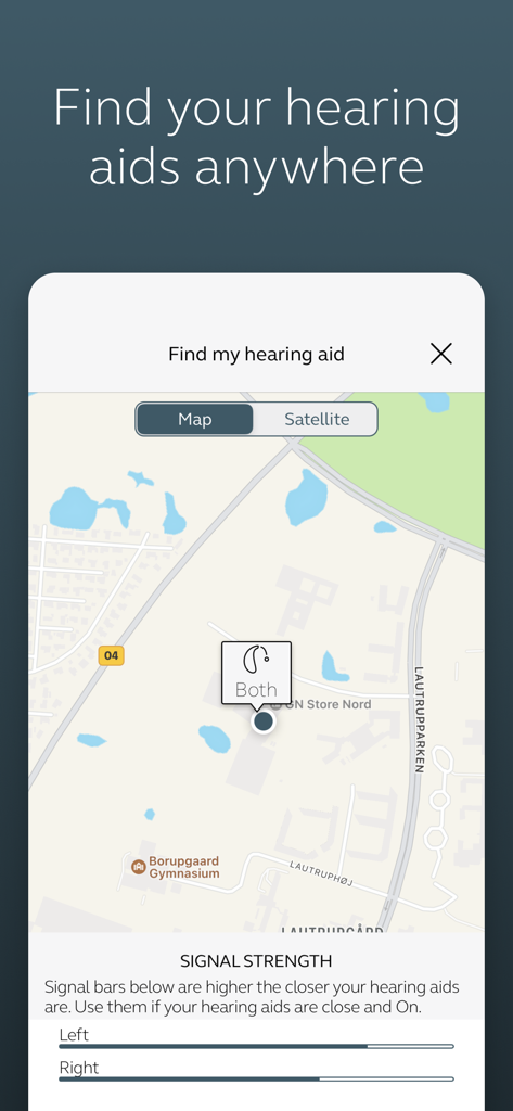 Jabra Enhance Pro app interface showing the find my hearing aid feature with a map location and signal strength indicators
