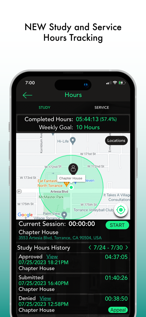 OurHouse - OurHouseアプリのインターフェース。ジオフェンスチェックイン用のマップが表示された、学習およびボランティア活動時間の追跡を示しています。