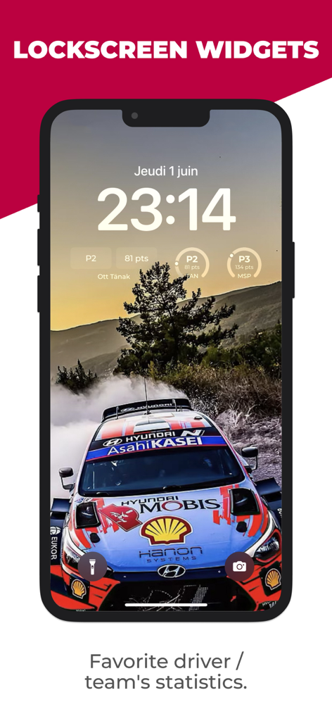 iPhone lock screen showing motorsports widgets for driver rankings and team statistics with a rally car background