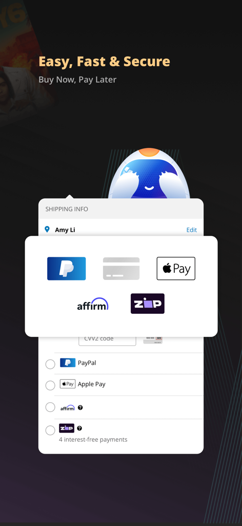 Newegg app checkout screen showing secure payment options including PayPal, Apple Pay, and Buy Now Pay Later services like Affirm and Zip