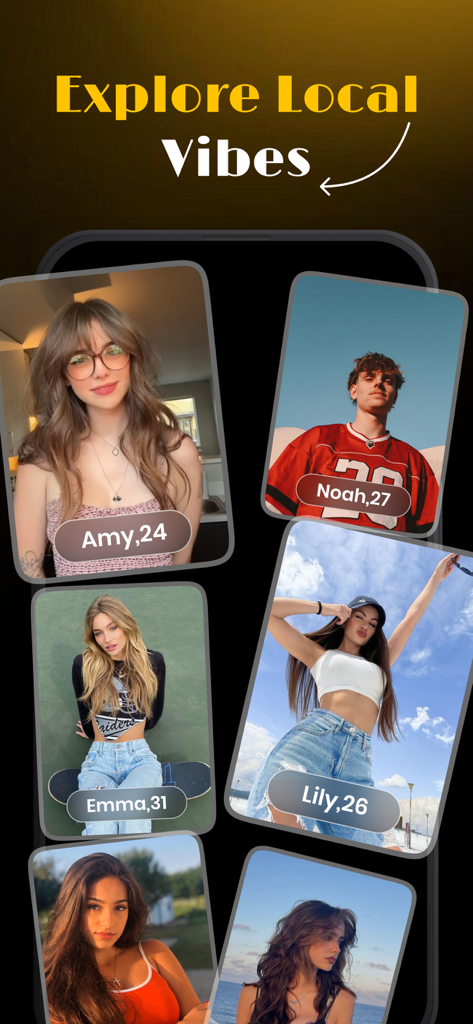 A smartphone screen from the Rollmate app showing various user profiles under the text Explore Local Vibes.