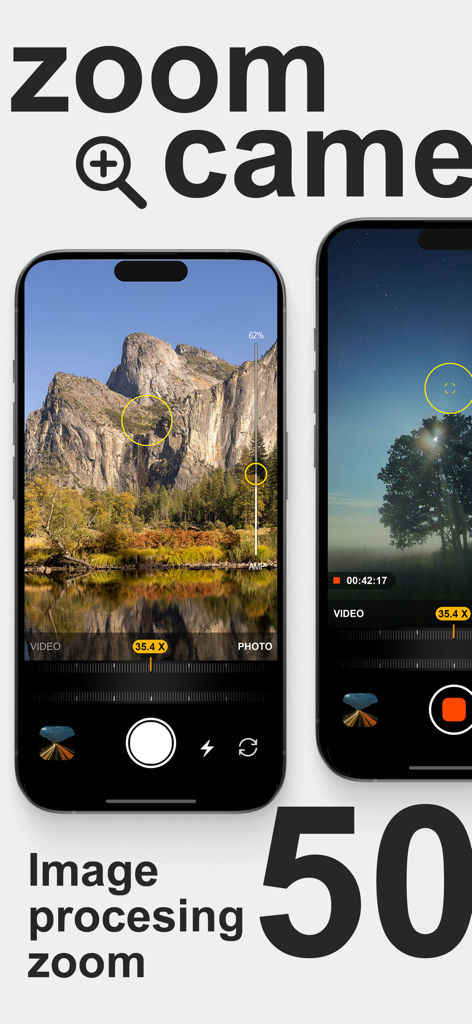 Oberfläche der Fernglas 50x Zoom App, die hochvergrößerte Foto- und Videoaufnahmen einer Berglandschaft und eines Baumes zeigt