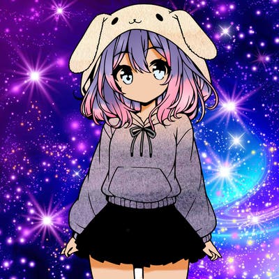 pretty anime girl wearing a fluffy hoodie with bunny ears on the hood and a skirt