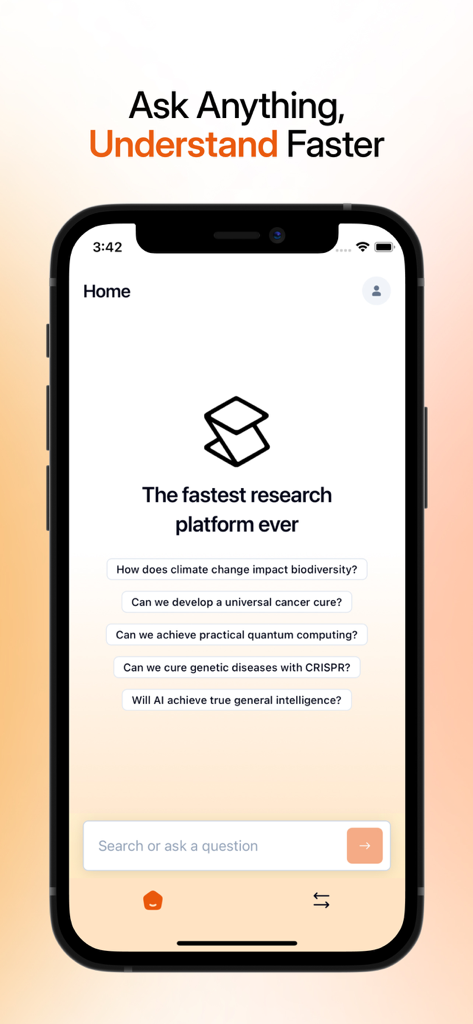 SciSpace - Pantalla de inicio de la aplicación SciSpace con una barra de búsqueda para preguntas de investigación y temas académicos sugeridos.