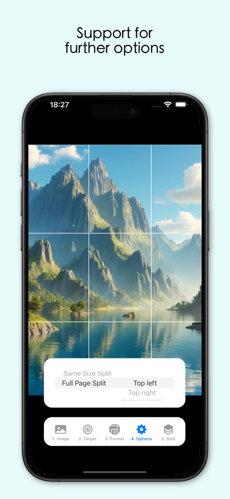 Split Lab - Tela de smartphone do aplicativo Split Lab exibindo uma imagem de paisagem de montanha dividida em nove partes com opções de mosaico