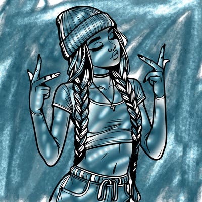 realistic teenage girl with braids and a beanie and crop top doing 🫶🏼