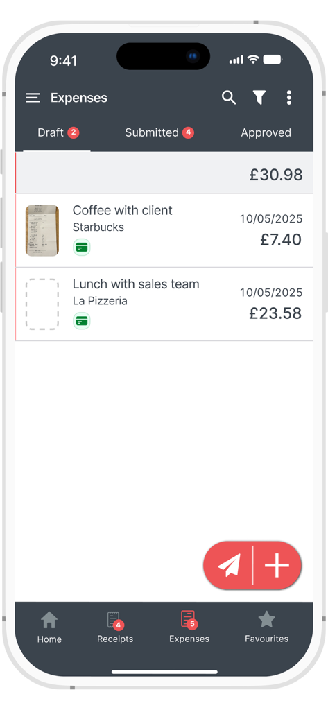 ExpenseIn mobile app draft expenses list view