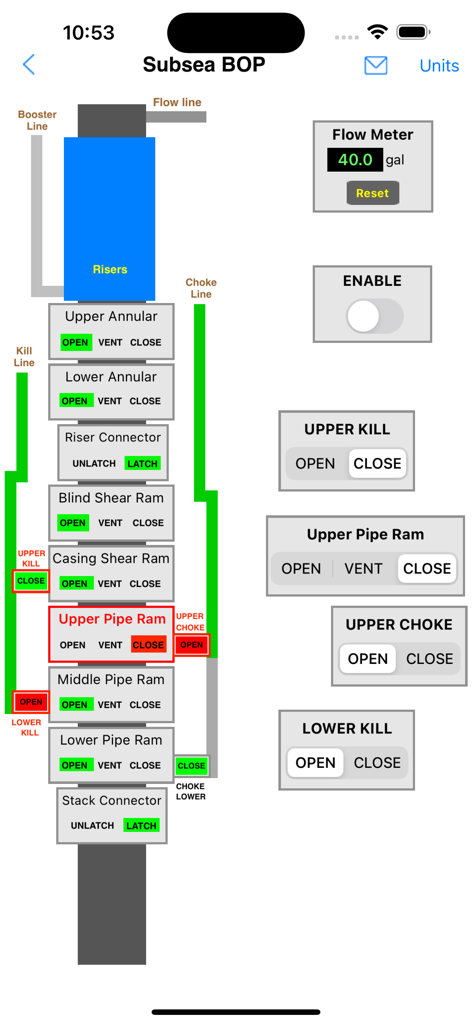 Drilling Simulator 3 - Subsea blowout preventer stack control interface showing rams and kill lines in Drilling Simulator 3