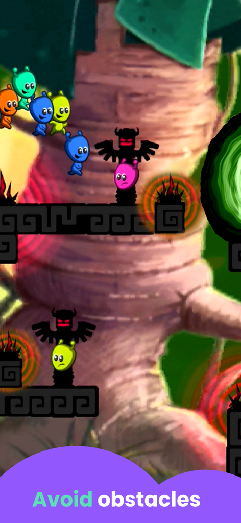 Monster Games: for Kids - 작고 다채로운 몬스터들이 텍스트 '장애물 피하기'와 함께 그림자 적과 함정을 피하면서 플랫폼 레벨을 탐색하는 모습