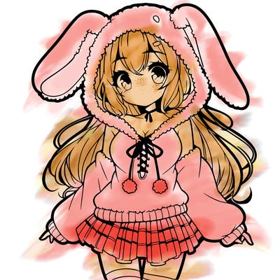 pretty anime girl wearing a fluffy hoodie with bunny ears on the hood and a skirt