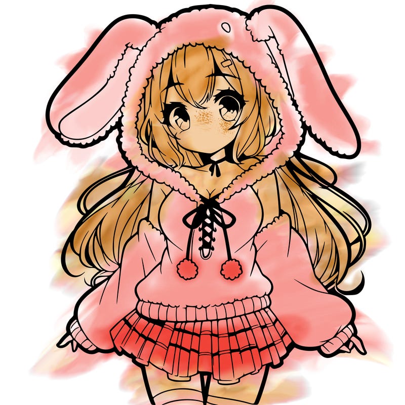 pretty anime girl wearing a fluffy hoodie with bunny ears on the hood and a skirt