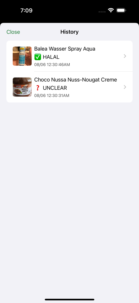 A history screen in the Halal Check app showing a list of scanned products with their halal status indicated by green or red icons.